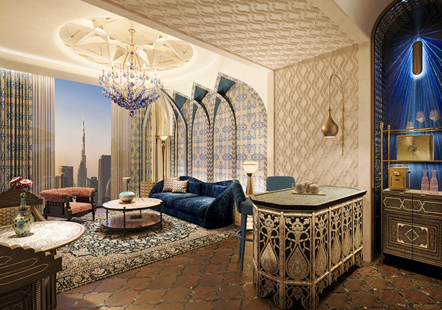 A Persian-themed living room in the Burj Azizi hotel.